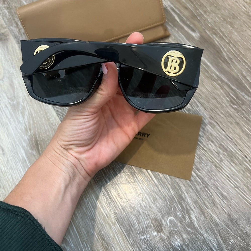 Burberry Black Shield Sunglasses with Gold TB Emblems